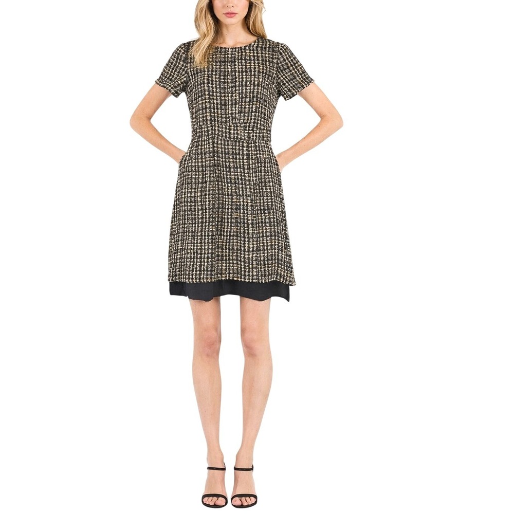 J.Crew Silk Blend Clip Dot Grid Shift Cocktail Dress Black Brown Size 6